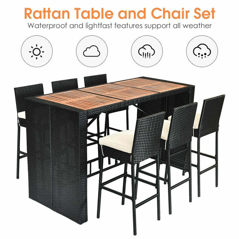 7-Piece Wicker Outdoor Bar Set with Acacia Wood Table Top, 6 Bar Stools & Removable Cushions, Rattan Patio Furniture for Poolside, Backyard, Dining