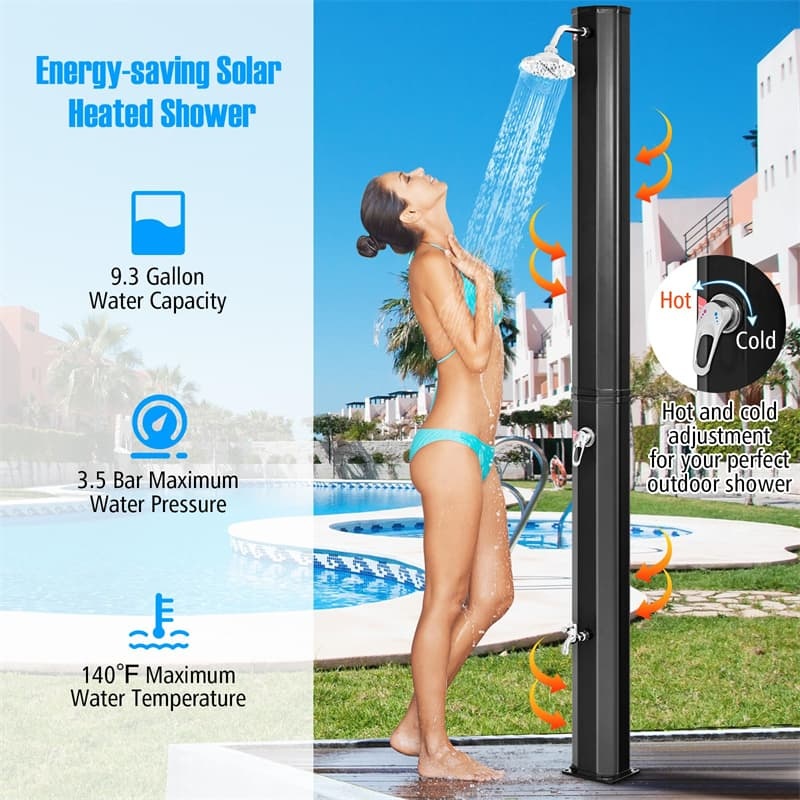 9.3 Gallon Outdoor Solar Heated Shower with 360° Swivel Head & Foot Shower, 7.2FT Freestanding Solar Shower for Garden, Backyard, Poolside & Spa