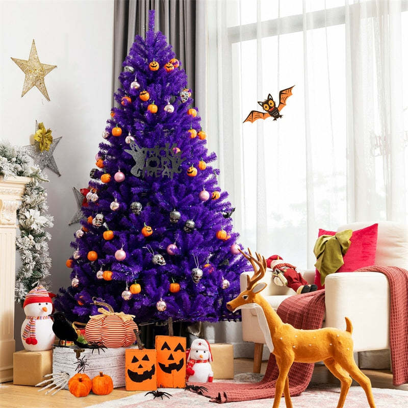 7FT Purple Artificial Christmas Tree Pre Lit Halloween Tree with 500 Orange LED Lights & Pumpkin Ornaments for Holiday Festival Decor