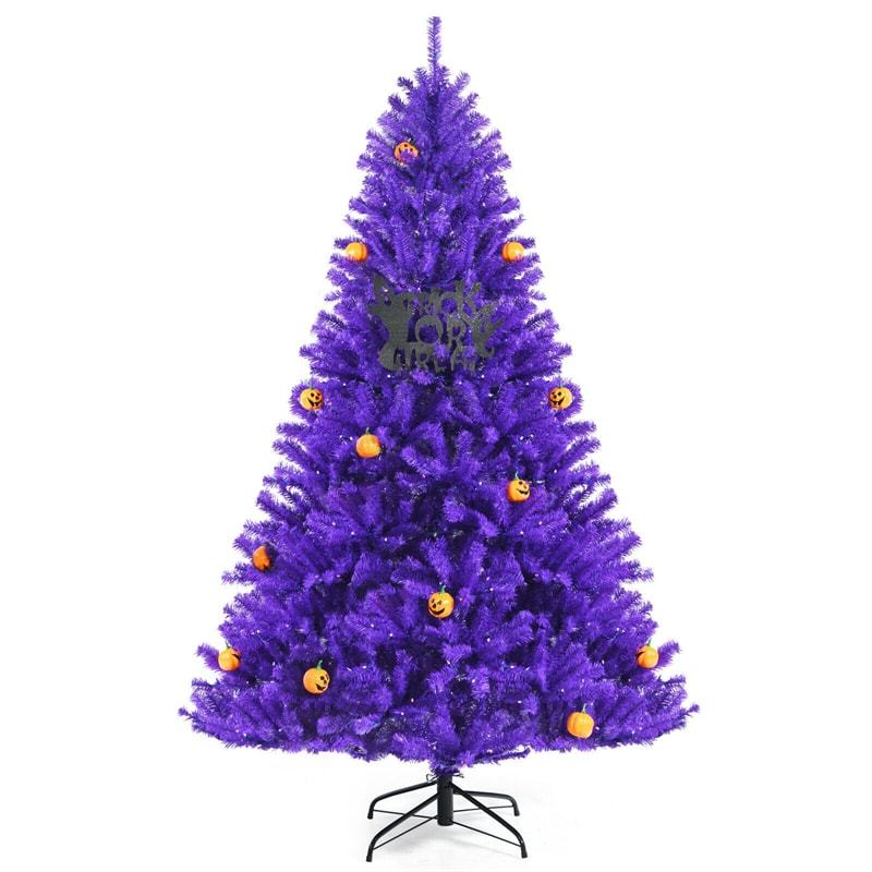 7FT Purple Artificial Christmas Tree Pre Lit Halloween Tree with 500 Orange LED Lights & Pumpkin Ornaments for Holiday Festival Decor
