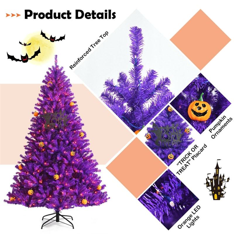 7FT Purple Artificial Christmas Tree Pre Lit Halloween Tree with 500 Orange LED Lights & Pumpkin Ornaments for Holiday Festival Decor