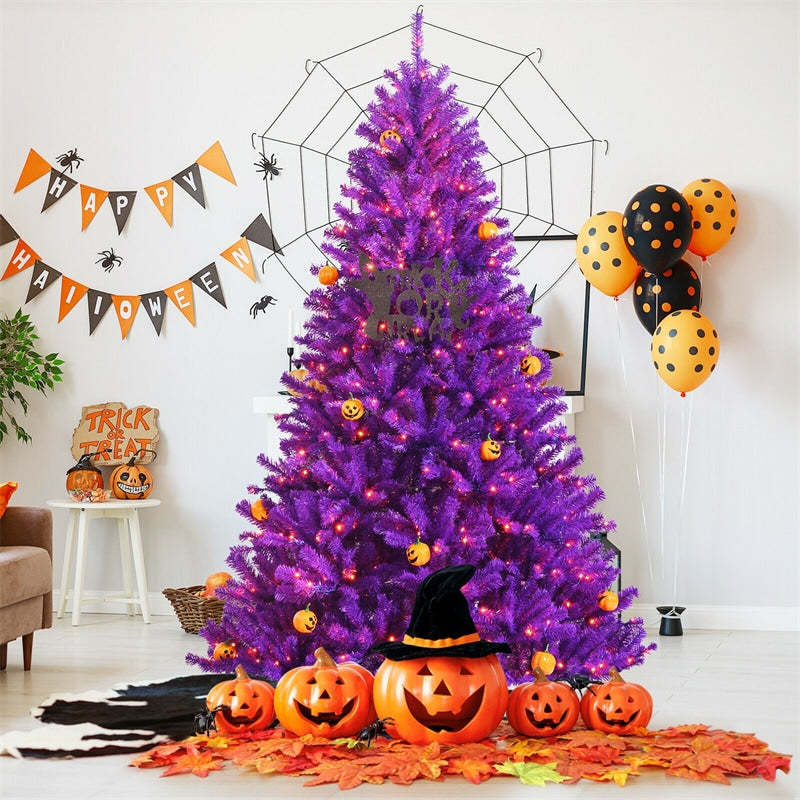 7FT Purple Artificial Christmas Tree Pre Lit Halloween Tree with 500 Orange LED Lights & Pumpkin Ornaments for Holiday Festival Decor
