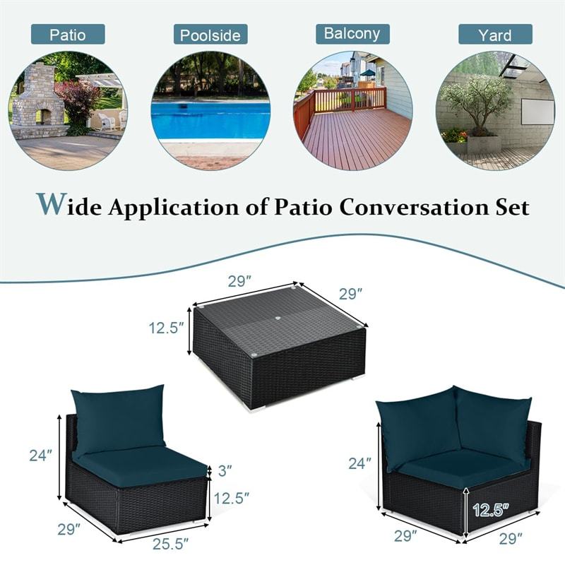 7-Piece PE Rattan Outdoor Sectional Sofa with Tempered Glass Top Table & Cushions, Wicker Patio Furniture Set for Garden Poolside Balcony