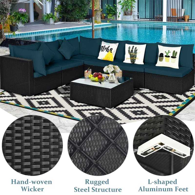 7-Piece PE Rattan Outdoor Sectional Sofa with Tempered Glass Top Table & Cushions, Wicker Patio Furniture Set for Garden Poolside Balcony