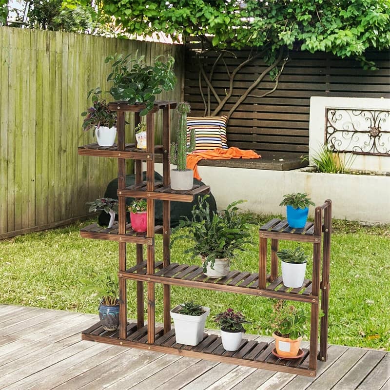 7-Tier Wood Plant Stand Flower Pot Display Rack Multifunctional Storage Shelf for Indoor Outdoor Patio Garden Yard