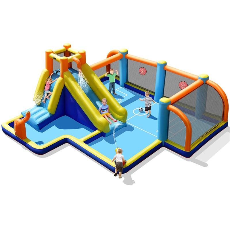 Inflatable Water Slide, 7-in-1 Water Soccer Giant Waterslide Park with Splash Pool & Climbing Wall, Bounce House for Kids, Backyard Party Gifts