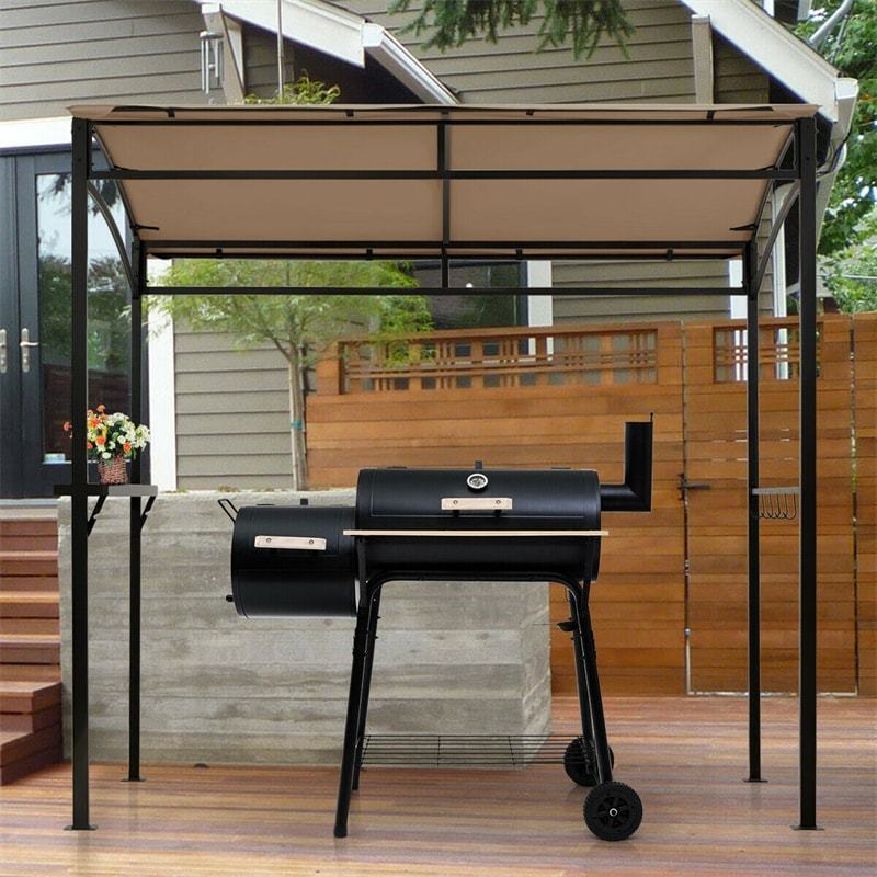 7' x 4.5' Outdoor Grill Gazebo Patio BBQ Canopy with Serving Shelf & Storage Hooks, Steel Frame Curved Roof Barbecue Shelter for Garden Backyard
