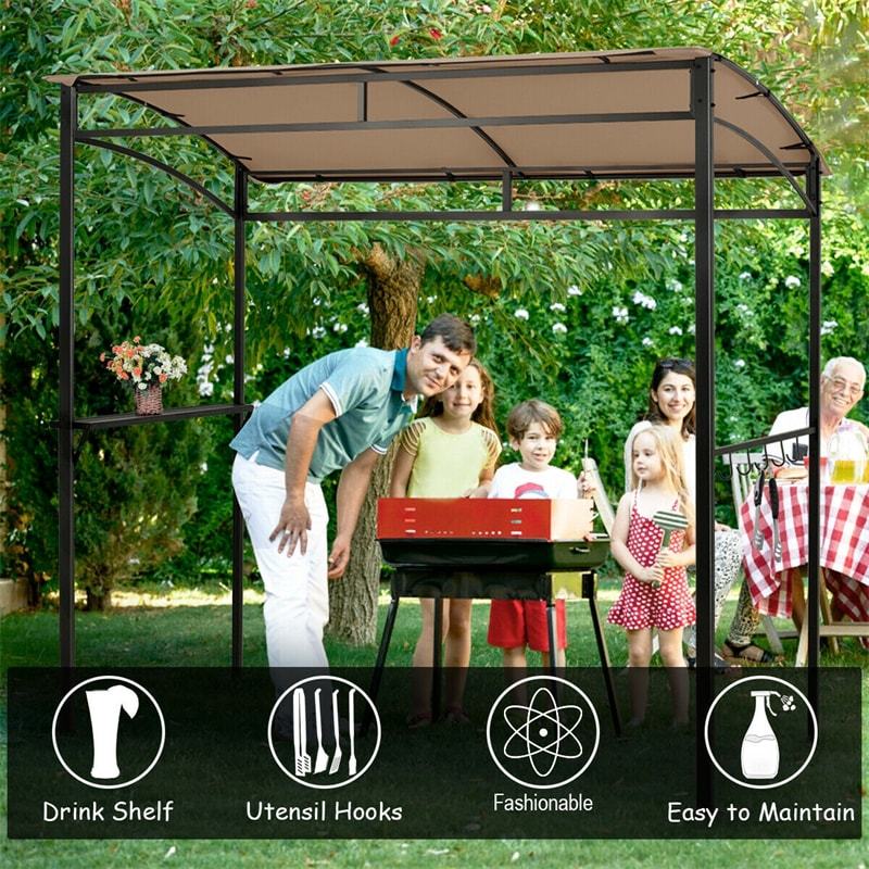 7' x 4.5' Outdoor Grill Gazebo Patio BBQ Canopy with Serving Shelf & Storage Hooks, Steel Frame Curved Roof Barbecue Shelter for Garden Backyard