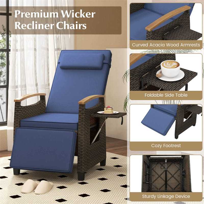 Outdoor Wicker Recliner Chair with Adjustable Backrest, Footrest, Flip Side Table & Cushion, Patio Rattan Chaise Lounge for Backyard Porch