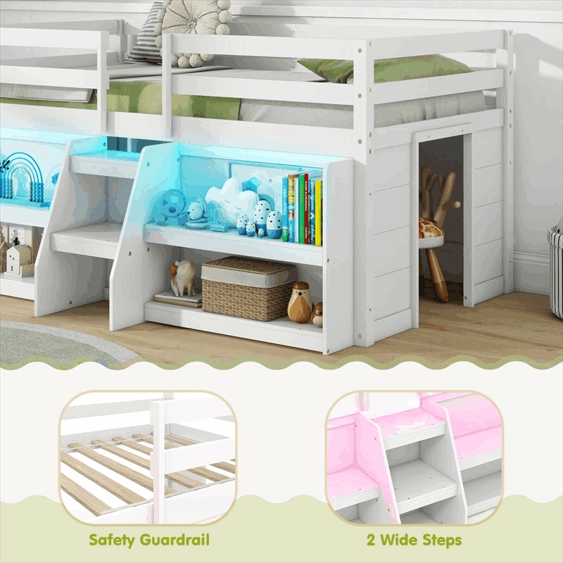 Twin Low Loft Bed for Kids, Wooden Loft Bed with Adjustable LED Lights, Stairs, Safety Guardrail, Storage Bookcase & Under Bed Play Area