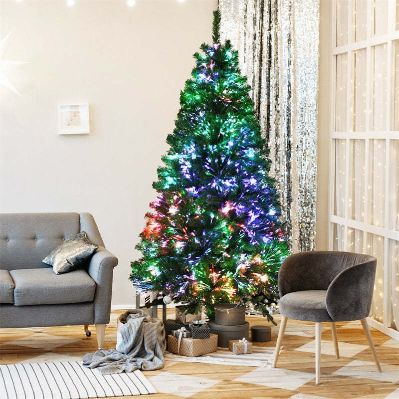 7FT Pre-Lit Fiber Optic Christmas Tree, Artificial Spruce Xmas Tree with 820 Branch Tips & Metal Stand, Green Full Tree for Indoor Holiday Decor