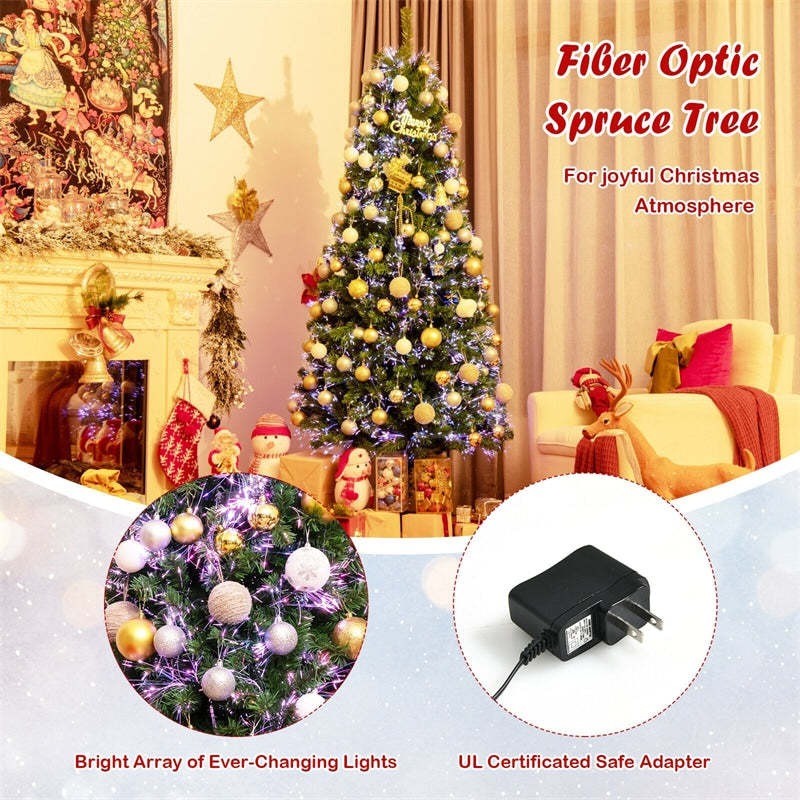 7FT Pre-Lit Fiber Optic Christmas Tree, Artificial Spruce Xmas Tree with 820 Branch Tips & Metal Stand, Green Full Tree for Indoor Holiday Decor