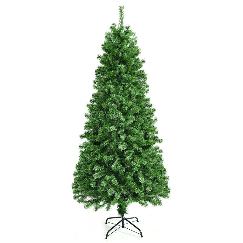 7FT Pre-Lit Fiber Optic Christmas Tree, Artificial Spruce Xmas Tree with 820 Branch Tips & Metal Stand, Green Full Tree for Indoor Holiday Decor