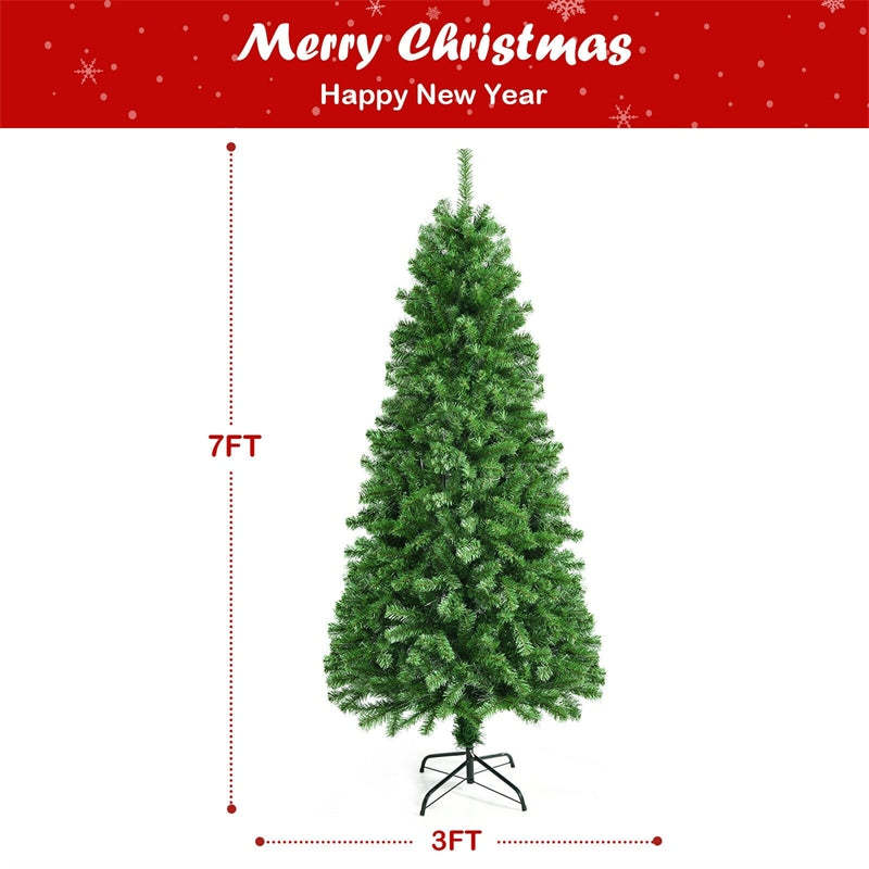 7FT Pre-Lit Fiber Optic Christmas Tree, Artificial Spruce Xmas Tree with 820 Branch Tips & Metal Stand, Green Full Tree for Indoor Holiday Decor