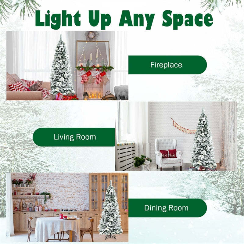 7ft Snow Flocked Artificial Christmas Tree New PVC & PE Pencil Xmas Tree with Folding Metal Stand for Home Office Holiday Decor