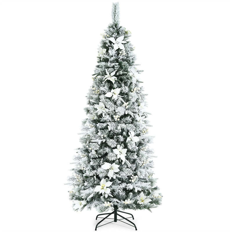 7ft Snow Flocked Artificial Christmas Tree New PVC & PE Pencil Xmas Tree with Folding Metal Stand for Home Office Holiday Decor