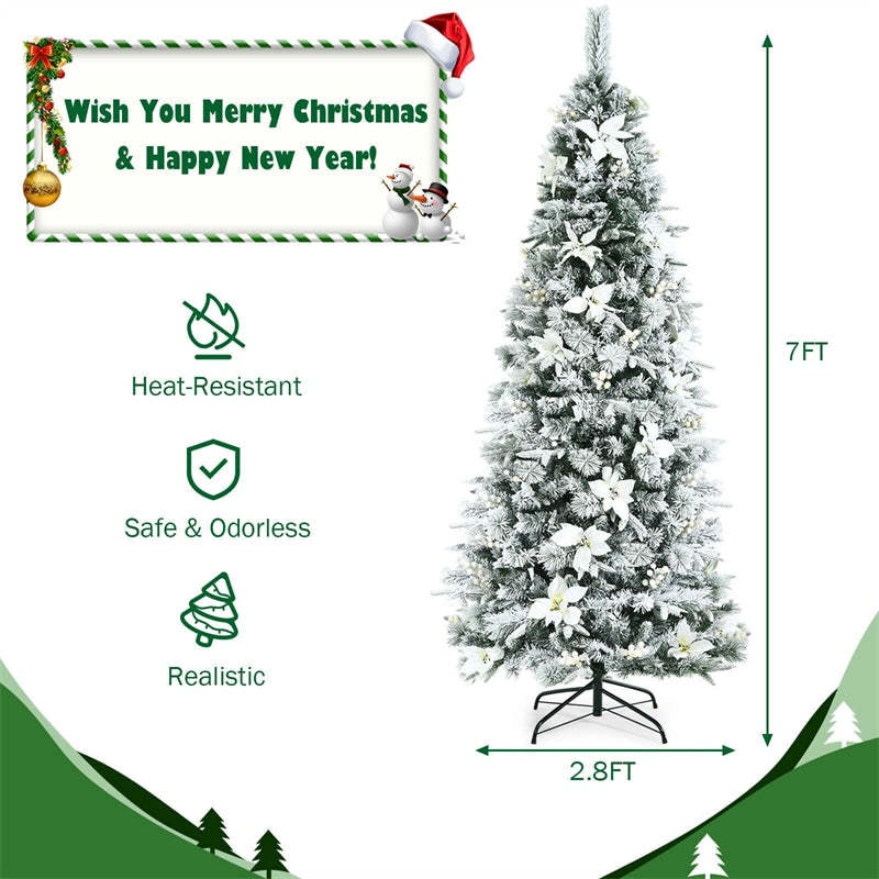 7ft Snow Flocked Artificial Christmas Tree New PVC & PE Pencil Xmas Tree with Folding Metal Stand for Home Office Holiday Decor