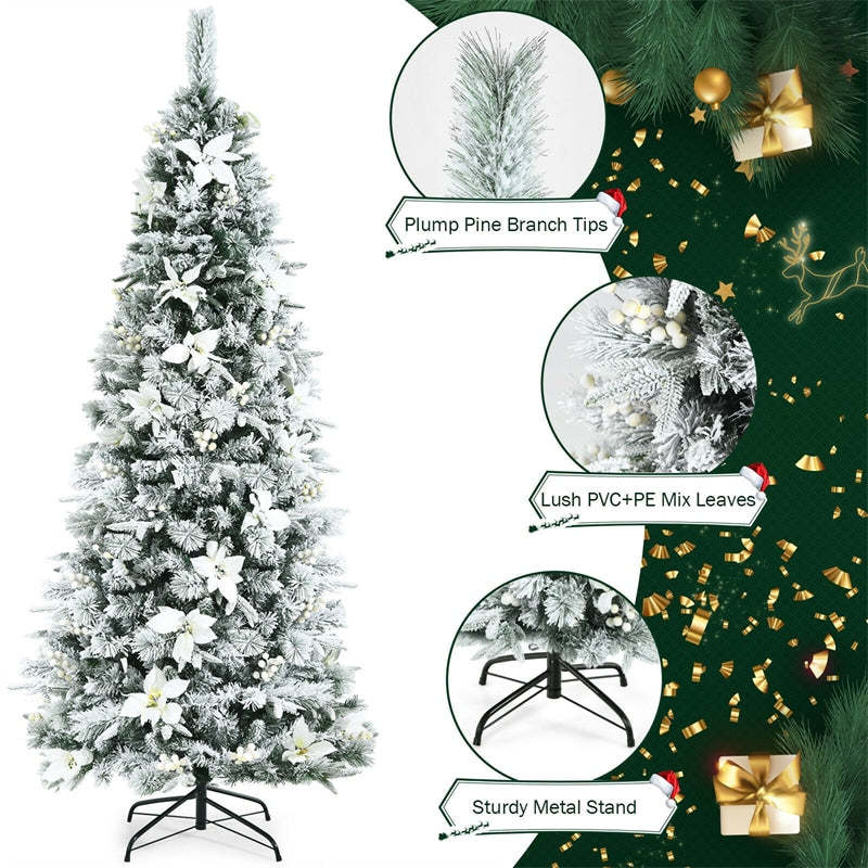 7ft Snow Flocked Artificial Christmas Tree New PVC & PE Pencil Xmas Tree with Folding Metal Stand for Home Office Holiday Decor