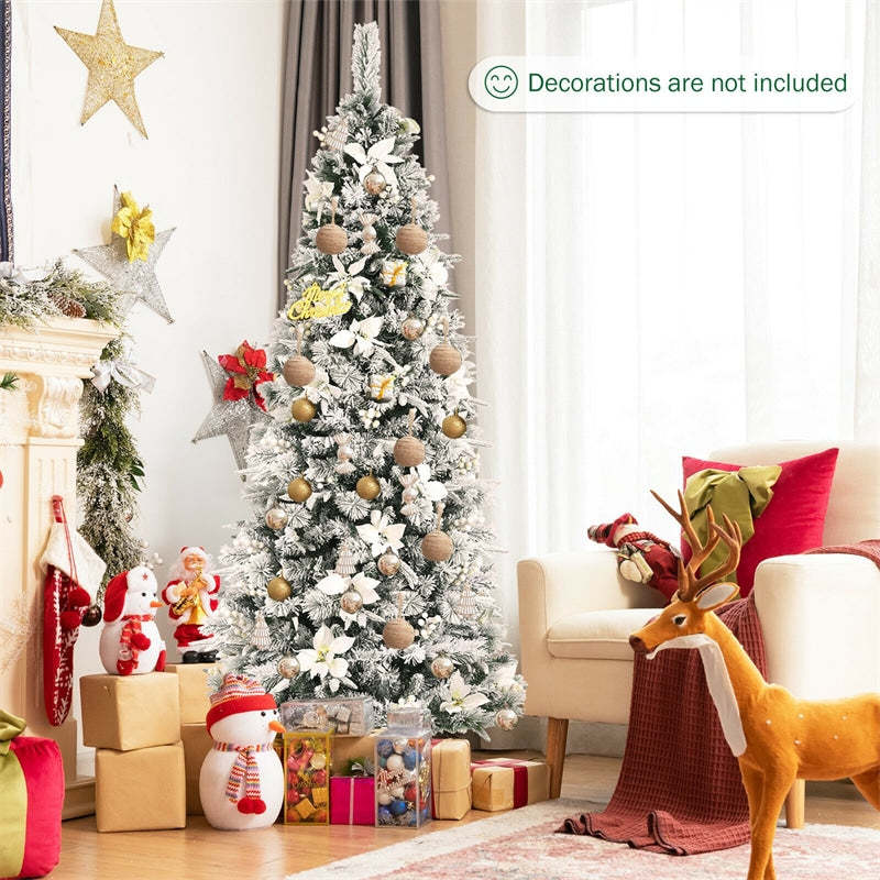 7ft Snow Flocked Artificial Christmas Tree New PVC & PE Pencil Xmas Tree with Folding Metal Stand for Home Office Holiday Decor
