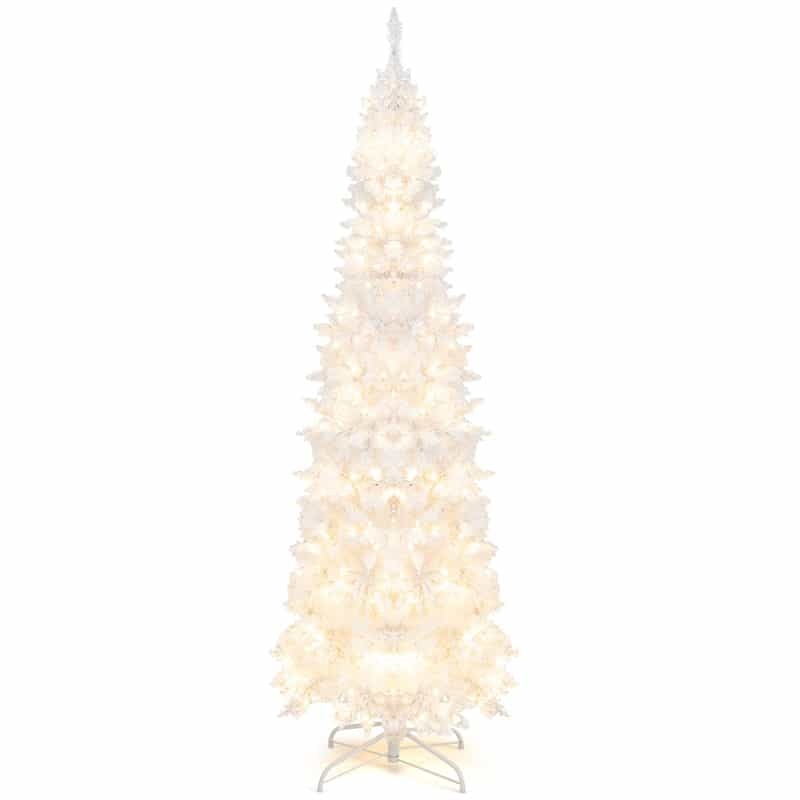 7ft White Pre-Lit Pencil Christmas Tree Hinged Slim Artificial Tree with 800 Branch Tips 300 Lights 8 Lighting Modes