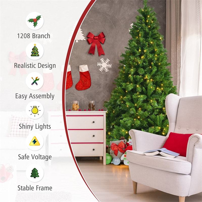 7ft Pre-Lit Hinged Artificial Christmas Tree with 1208 PVC Branch Tips 500 LED Lights