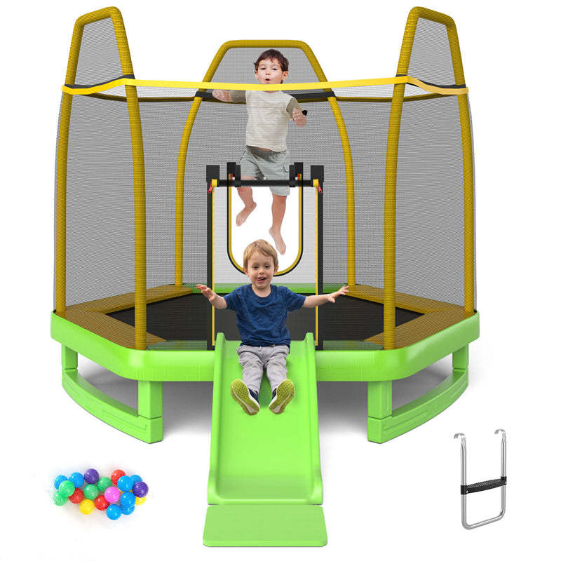 7FT Kids Trampoline, ASTM Approved Indoor Outdoor Recreational Trampoline with Safety Enclosure, Slide, Ladder & Ocean Balls for Toddlers