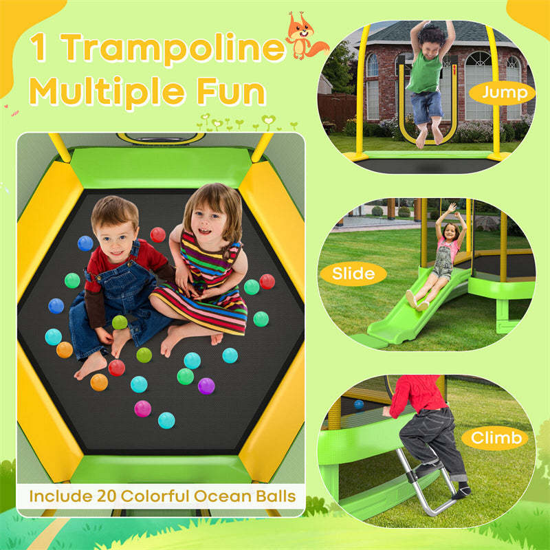 7FT Kids Trampoline, ASTM Approved Indoor Outdoor Recreational Trampoline with Safety Enclosure, Slide, Ladder & Ocean Balls for Toddlers