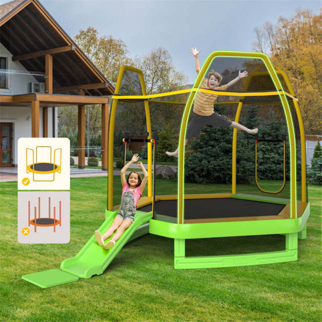 7FT Kids Trampoline, ASTM Approved Indoor Outdoor Recreational Trampoline with Safety Enclosure, Slide, Ladder & Ocean Balls for Toddlers