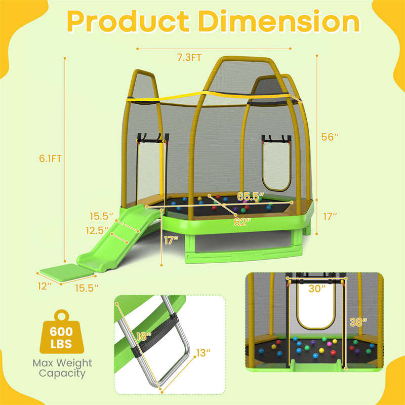 7FT Kids Trampoline, ASTM Approved Indoor Outdoor Recreational Trampoline with Safety Enclosure, Slide, Ladder & Ocean Balls for Toddlers