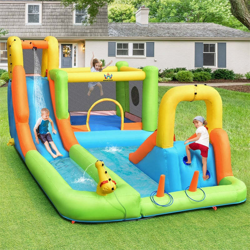 8 in 1 Inflatable Water Slide Mega Bounce House Waterslide Park with Long Slide & Large Splash Pool for Kids Outdoor Indoor Fun