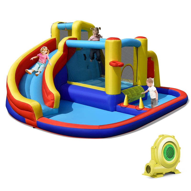 Inflatable Water Slide, 7 in 1 Mega Bounce House Water Park with 735W Blower & Splash Pool, Jumping Castle Slide Combo for Kids Backyard Party Fun
