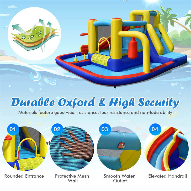 Inflatable Water Slide, 7 in 1 Mega Bounce House Water Park with 735W Blower & Splash Pool, Jumping Castle Slide Combo for Kids Backyard Party Fun