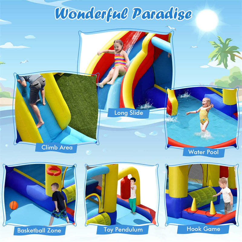Inflatable Water Slide, 7 in 1 Mega Bounce House Water Park with 735W Blower & Splash Pool, Jumping Castle Slide Combo for Kids Backyard Party Fun