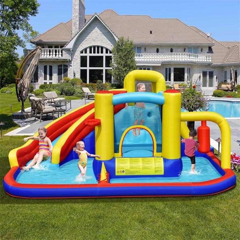 Inflatable Water Slide, 7 in 1 Mega Bounce House Water Park with 735W Blower & Splash Pool, Jumping Castle Slide Combo for Kids Backyard Party Fun