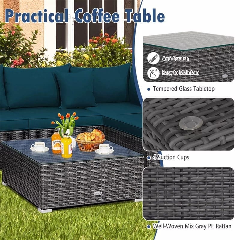 7PCS PE Rattan Modular Outdoor Sectional Set with Tempered Glass Top Table & Cushions, Patio Sofa Furniture for Backyard, Poolside Garden