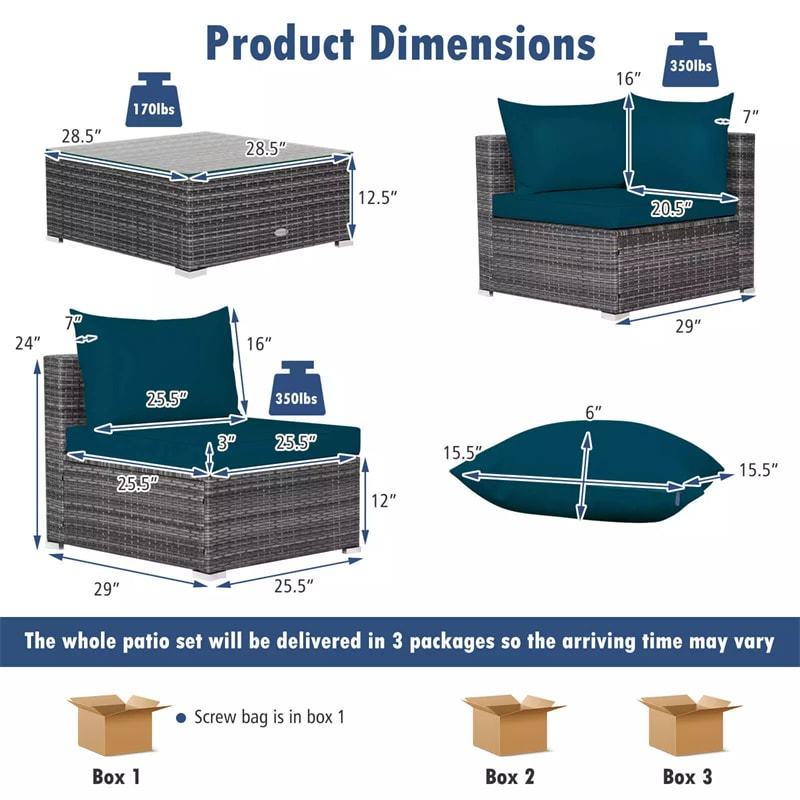 7PCS PE Rattan Modular Outdoor Sectional Set with Tempered Glass Top Table & Cushions, Patio Sofa Furniture for Backyard, Poolside Garden