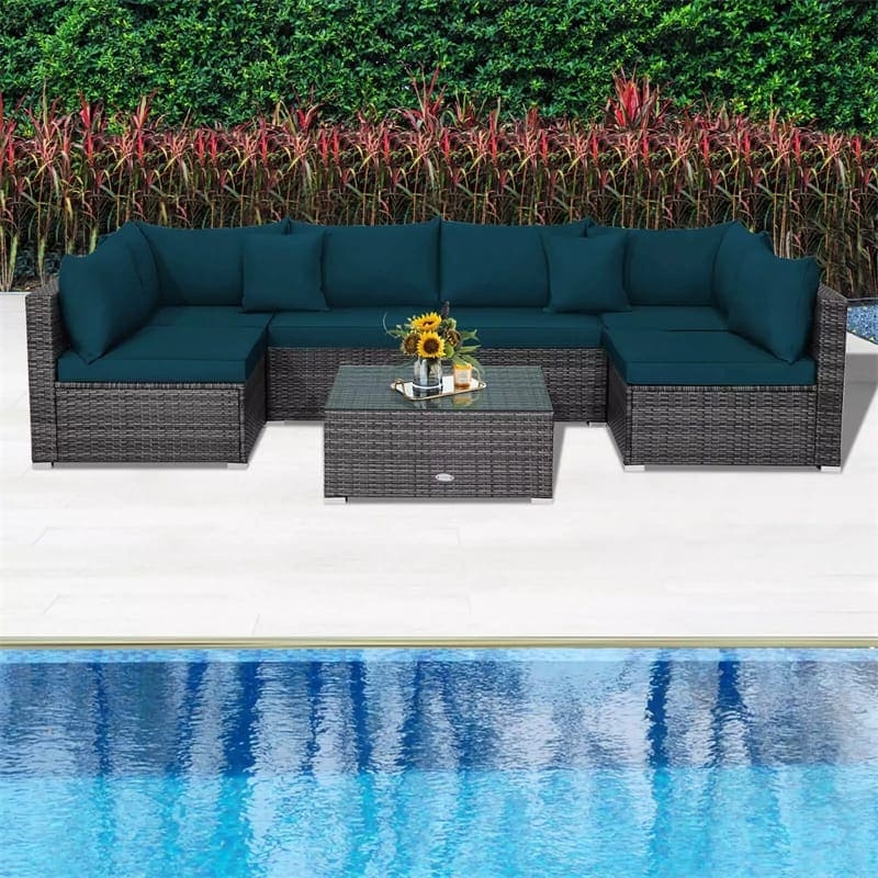 7PCS PE Rattan Modular Outdoor Sectional Set with Tempered Glass Top Table & Cushions, Patio Sofa Furniture for Backyard, Poolside Garden