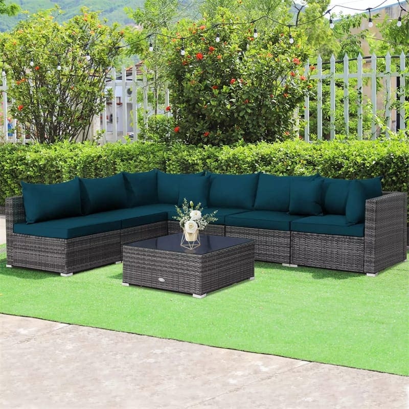 7PCS PE Rattan Modular Outdoor Sectional Set with Tempered Glass Top Table & Cushions, Patio Sofa Furniture for Backyard, Poolside Garden
