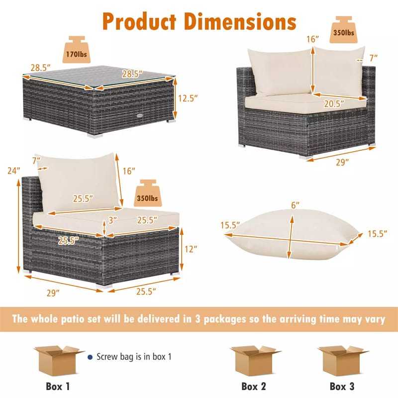 7PCS PE Rattan Modular Outdoor Sectional Set with Tempered Glass Top Table & Cushions, Patio Sofa Furniture for Backyard, Poolside Garden
