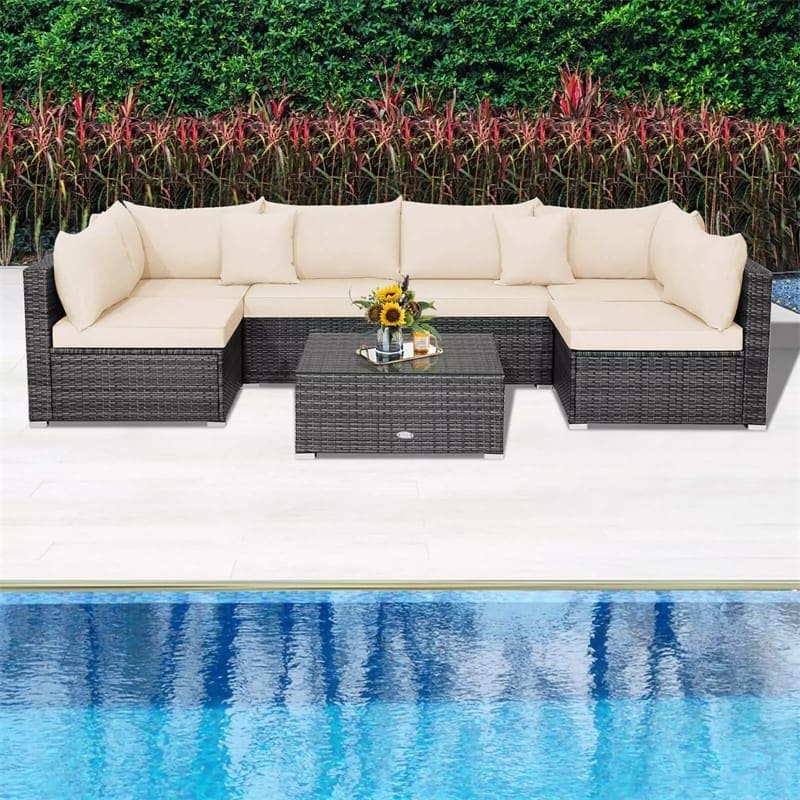 7PCS PE Rattan Modular Outdoor Sectional Set with Tempered Glass Top Table & Cushions, Patio Sofa Furniture for Backyard, Poolside Garden
