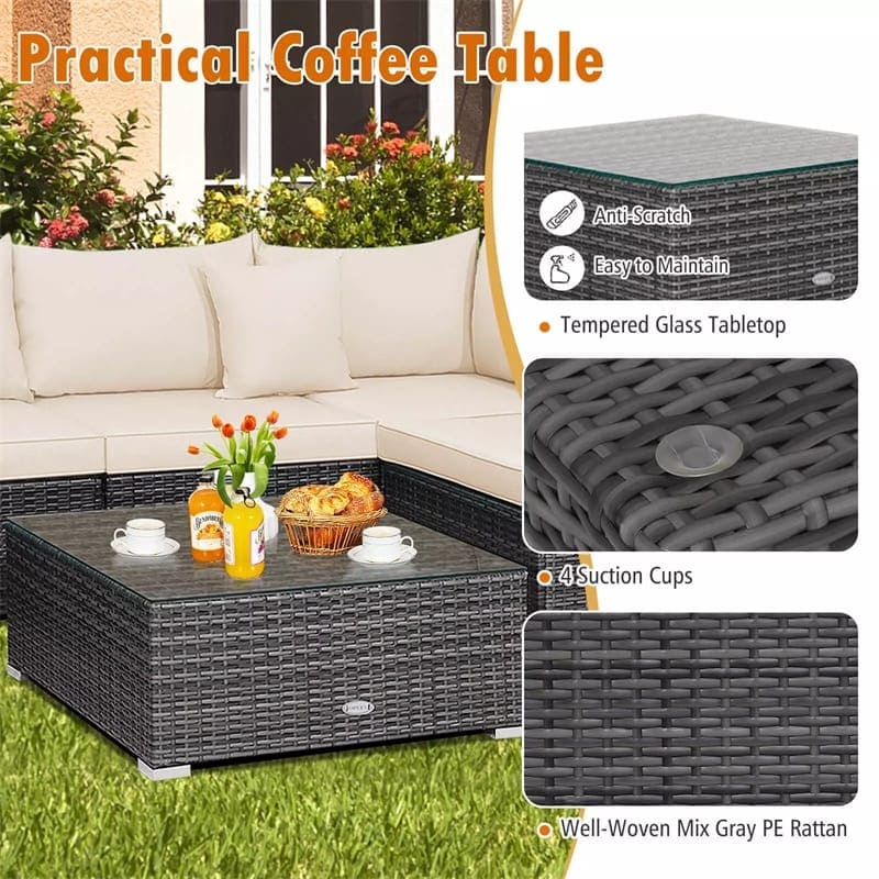 7PCS PE Rattan Modular Outdoor Sectional Set with Tempered Glass Top Table & Cushions, Patio Sofa Furniture for Backyard, Poolside Garden