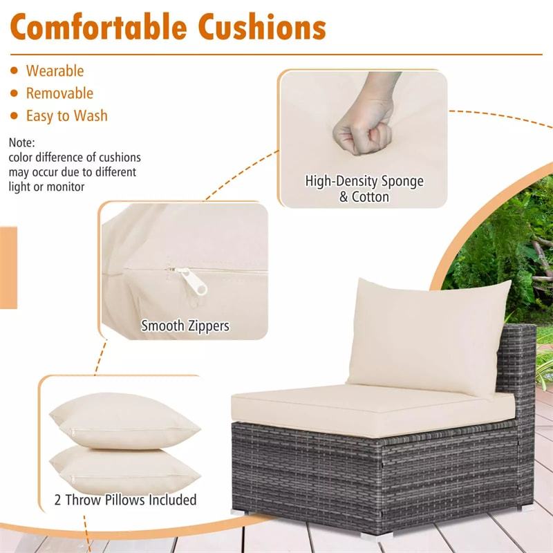 7PCS PE Rattan Modular Outdoor Sectional Set with Tempered Glass Top Table & Cushions, Patio Sofa Furniture for Backyard, Poolside Garden