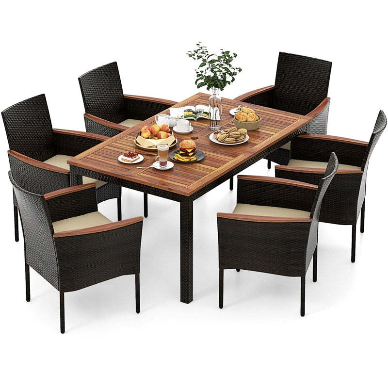7 Piece PE Rattan Dining Set with Acacia Wood Table, Stackable Cushioned Chairs & Umbrella Hole, Outdoor Table Chairs for 6, Garden/Backyard/Poolside