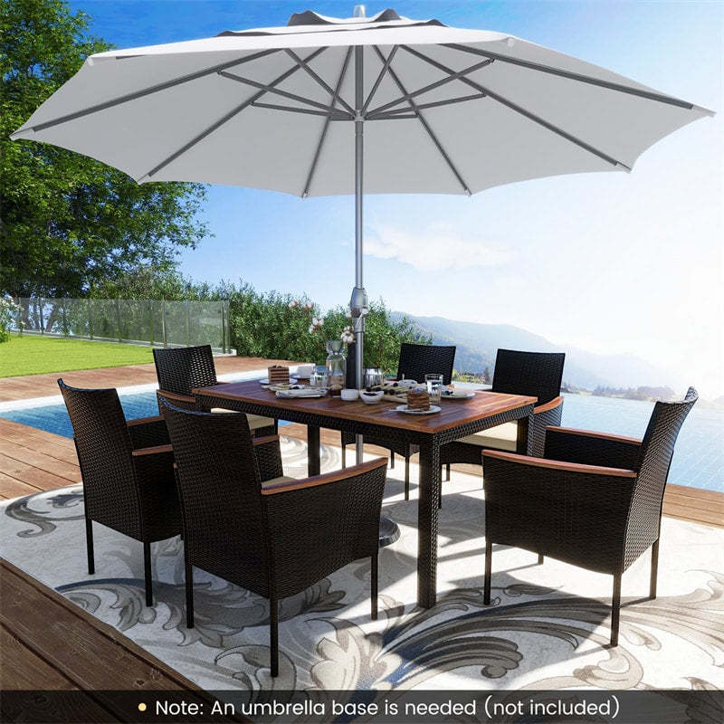7 Piece PE Rattan Dining Set with Acacia Wood Table, Stackable Cushioned Chairs & Umbrella Hole, Outdoor Table Chairs for 6, Garden/Backyard/Poolside