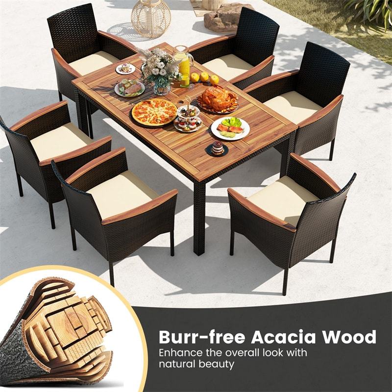 7 Piece PE Rattan Dining Set with Acacia Wood Table, Stackable Cushioned Chairs & Umbrella Hole, Outdoor Table Chairs for 6, Garden/Backyard/Poolside