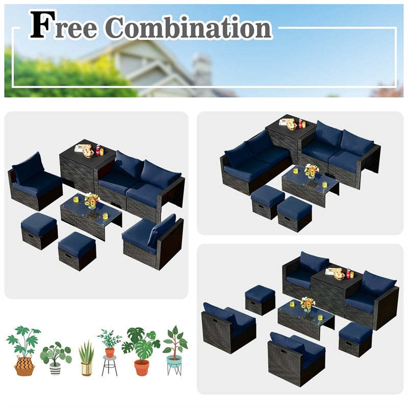 8PCS Wicker Outdoor Sectional Set, Patio Rattan Furniture Set with Storage Box, Coffee Table, Sofas, Ottomans, Cushions & Waterproof Cover