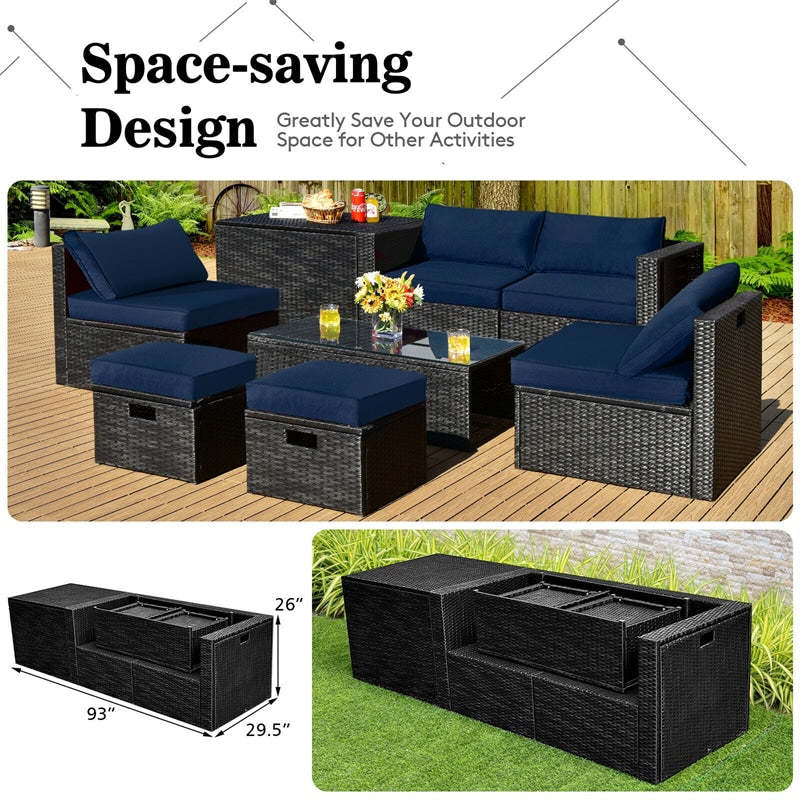 8PCS Wicker Outdoor Sectional Set, Patio Rattan Furniture Set with Storage Box, Coffee Table, Sofas, Ottomans, Cushions & Waterproof Cover