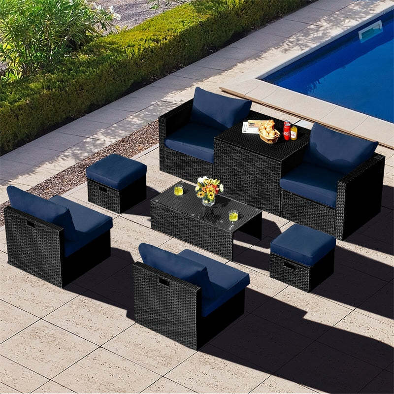 8PCS Wicker Outdoor Sectional Set, Patio Rattan Furniture Set with Storage Box, Coffee Table, Sofas, Ottomans, Cushions & Waterproof Cover