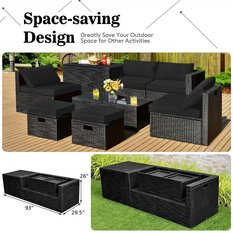 8PCS Wicker Outdoor Sectional Set, Patio Rattan Furniture Set with Storage Box, Coffee Table, Sofas, Ottomans, Cushions & Waterproof Cover