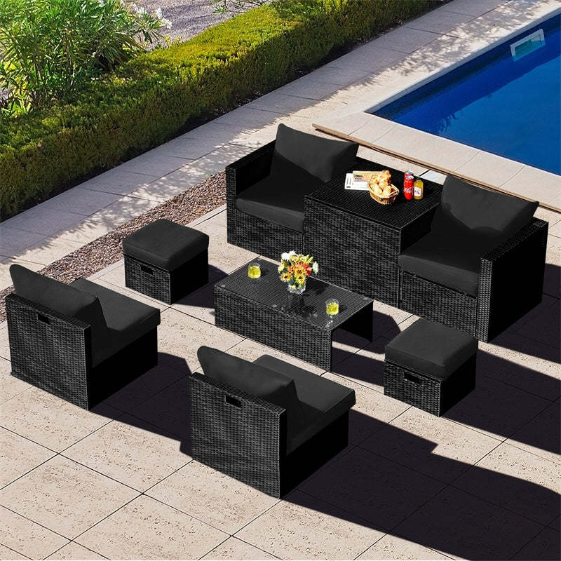 8PCS Wicker Outdoor Sectional Set, Patio Rattan Furniture Set with Storage Box, Coffee Table, Sofas, Ottomans, Cushions & Waterproof Cover
